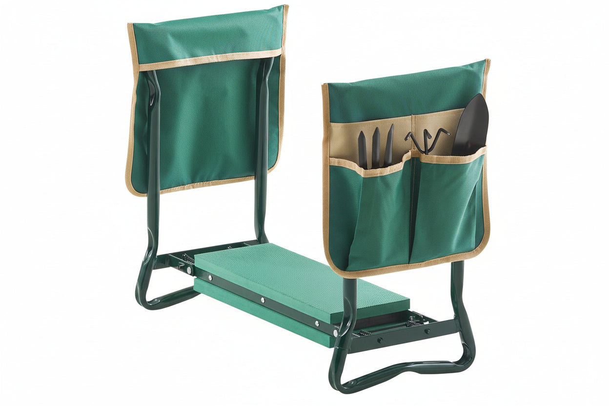 Green and beige Vevor stool with tool pouch on a white background