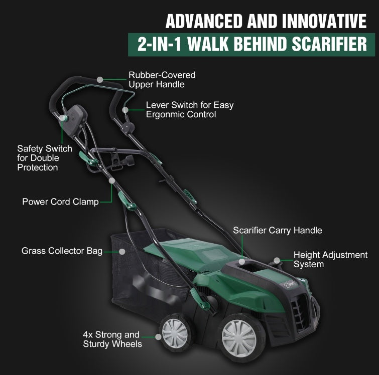 16-Inch Electric Lawn Dethatcher & Scarifier with 58QT Collection Bag