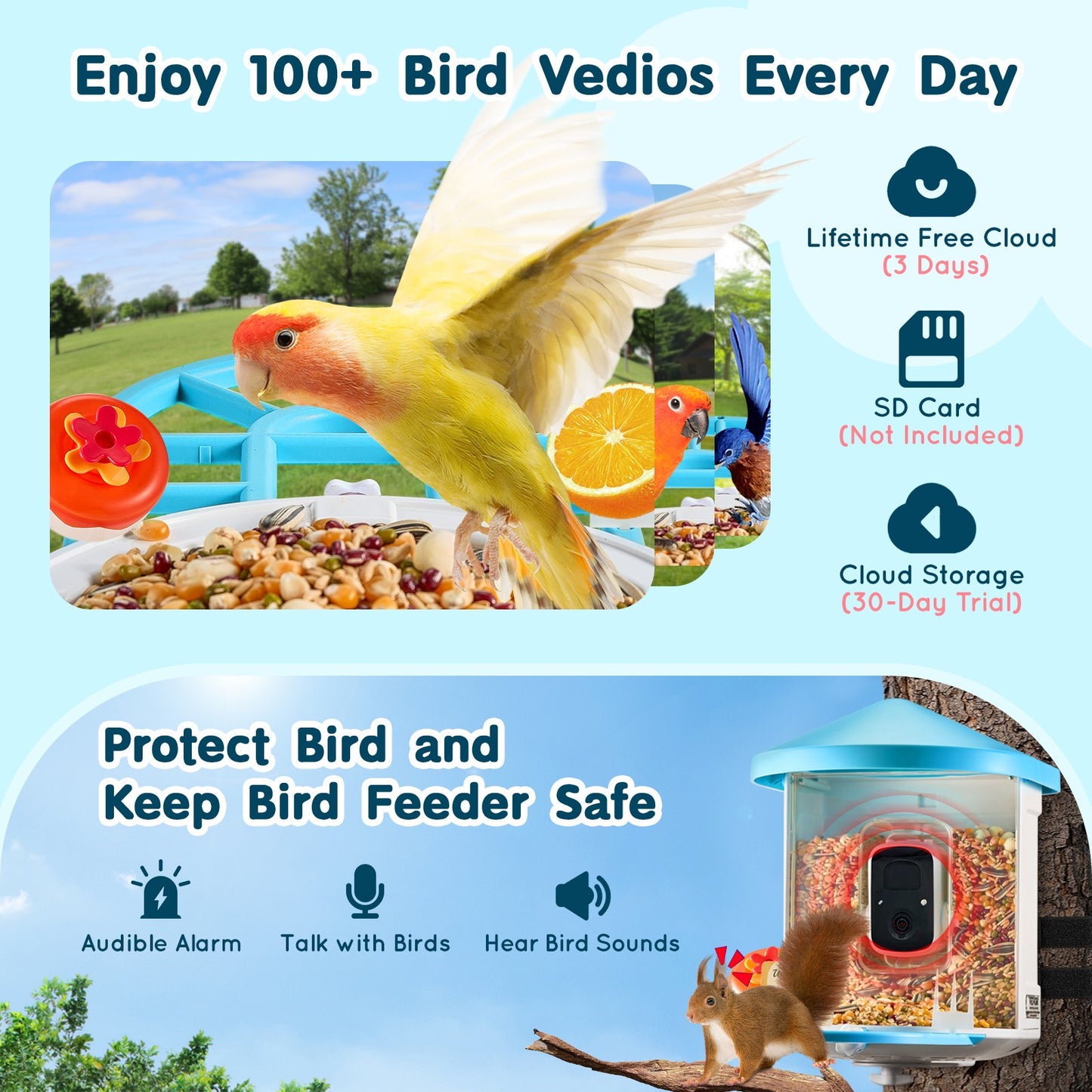 VEVOR Smart Bird Feeder with 2K HD Camera & AI Species Identification