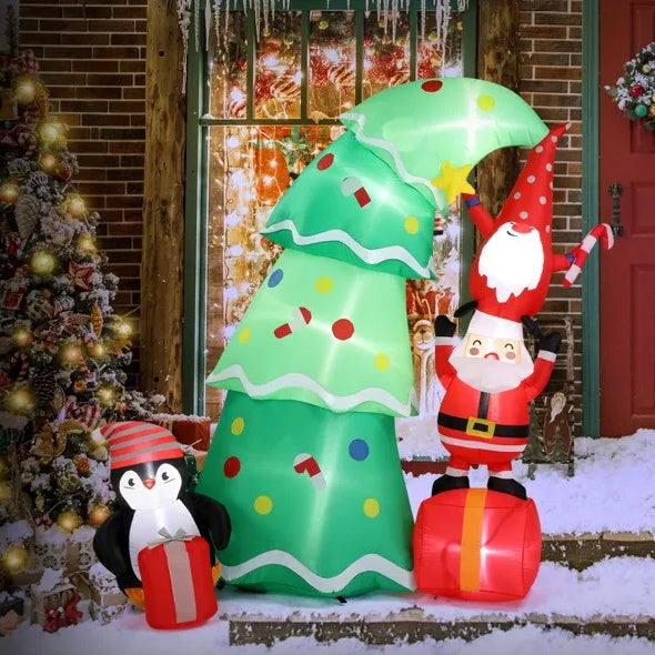 6ft Inflatable Christmas Tree with Santa Elf Penguin - LED Yard Decoration