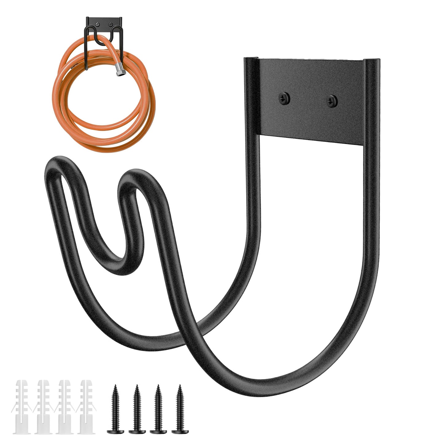 Stainless Steel Wall-Mounted Garden Hose Holder with Nozzle Slot | 2-Pack, Black