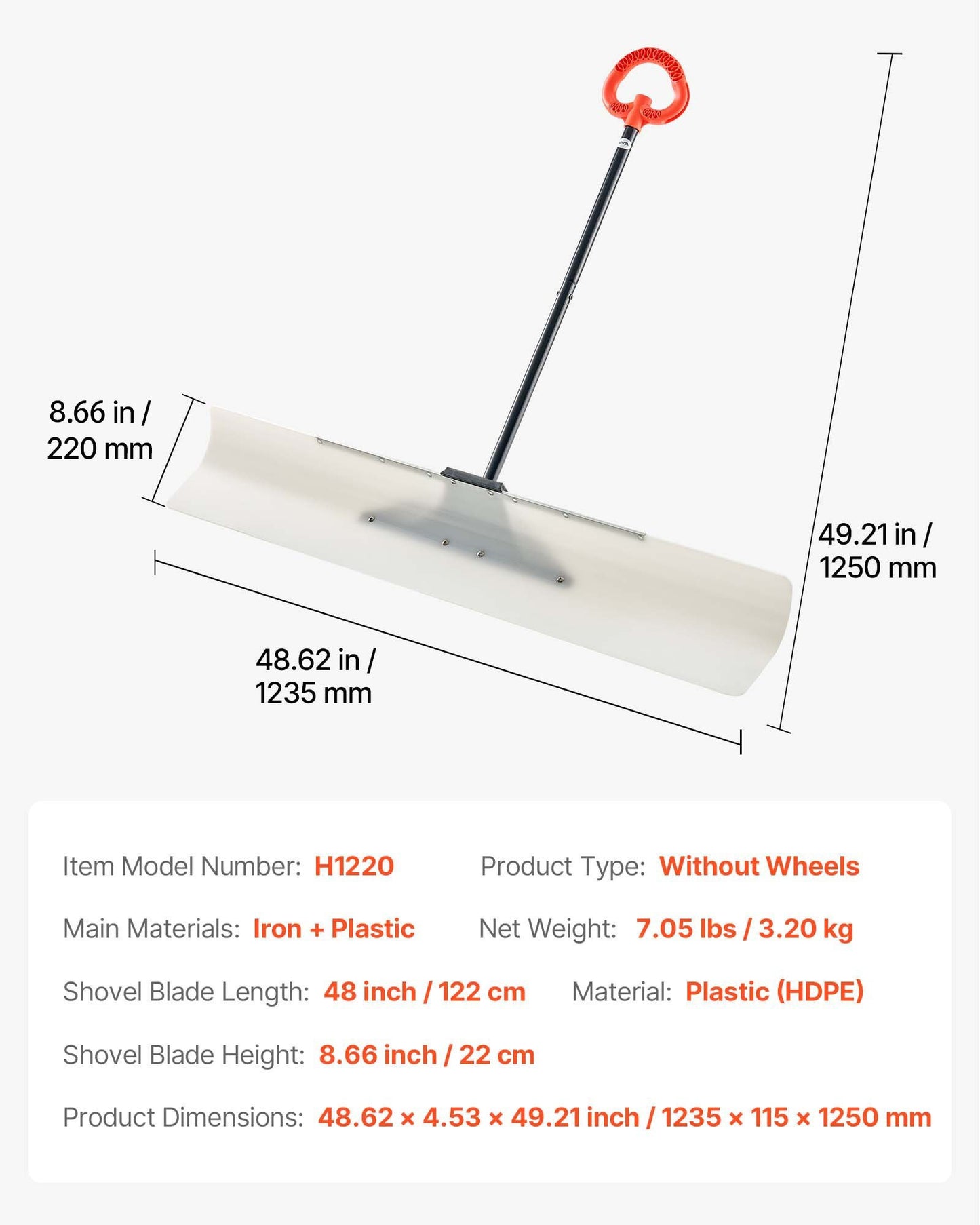 48" Heavy Duty Snow Pusher Shovel with Ergonomic Loop Handle