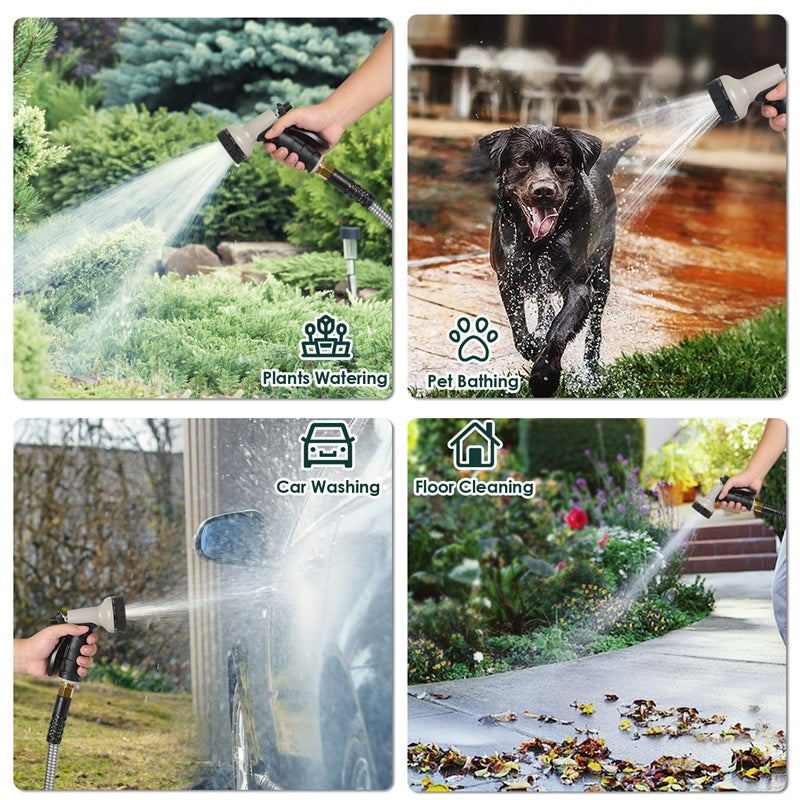 Stainless Steel Metal Garden Hose — Kink Free, 10-Pattern Spray Nozzle, 2 Nozzles | 50FT & 100FT