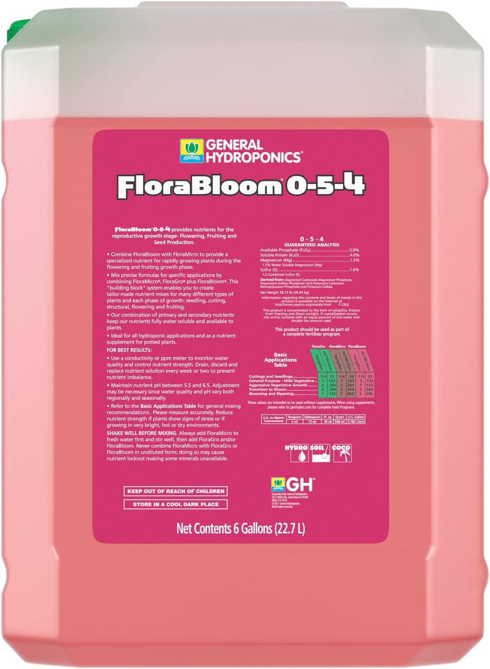 Florabloom 0-5-4 Advanced Nutrient System to Provide Nutrients for Reproductive Growth, 6 Gal