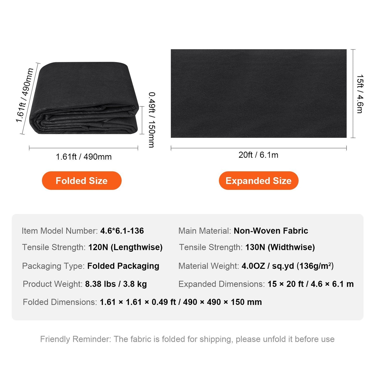 VEVOR 15x20' Heavy Duty Landscape Fabric - 4oz Non-Woven Weed Barrier