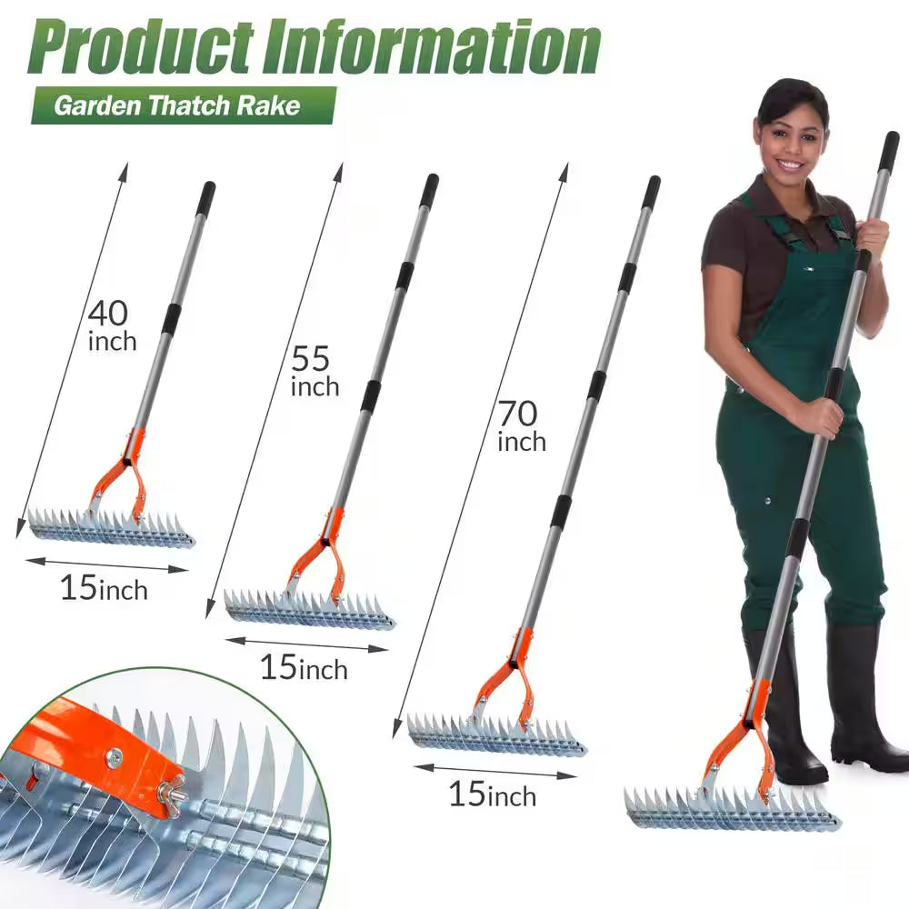 70 In. Adjustable Steel Handle Thatch Rake With19 Tines, Back Saving Lawn Thatching Rake for Garden Yard