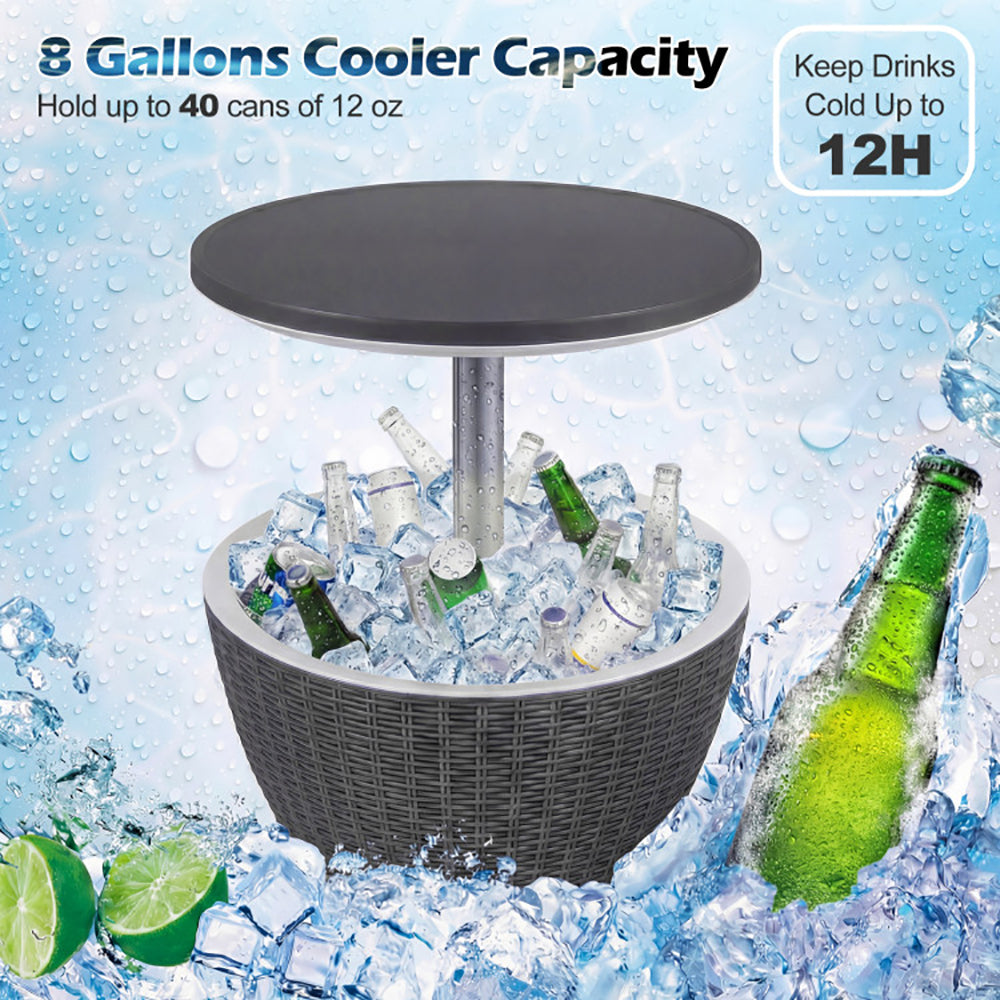 Outdoor Rattan Ice Cooler Bar Table with Adjustable Height | 8-Gal, 3-Piece Set