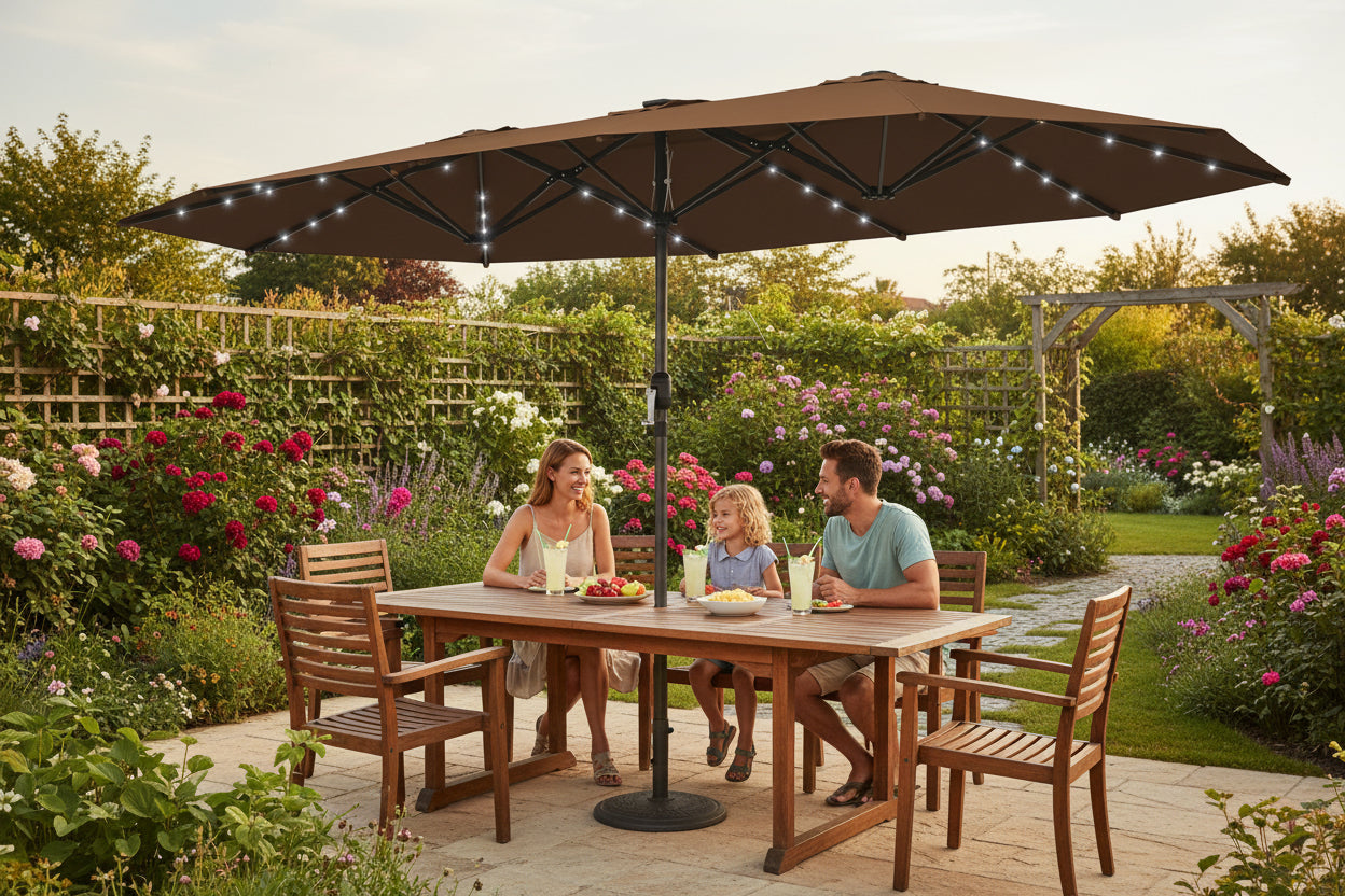 15 Ft Solar LED Patio Umbrella Parasol | Double-Sided, UV Blocking, Crank Lift