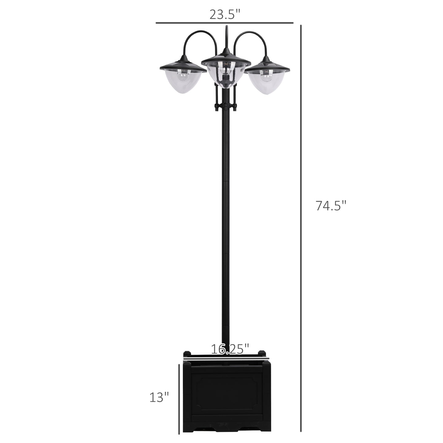 3-Head Solar Lamp Post with Planter Box — 74.5" Outdoor LED Pole Light