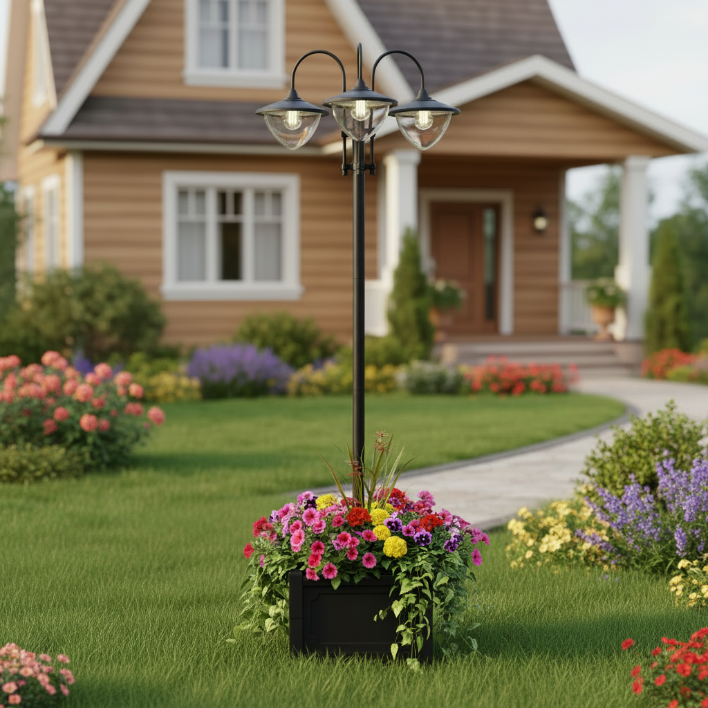 3-Head Solar Lamp Post with Planter Box — 74.5" Outdoor LED Pole Light