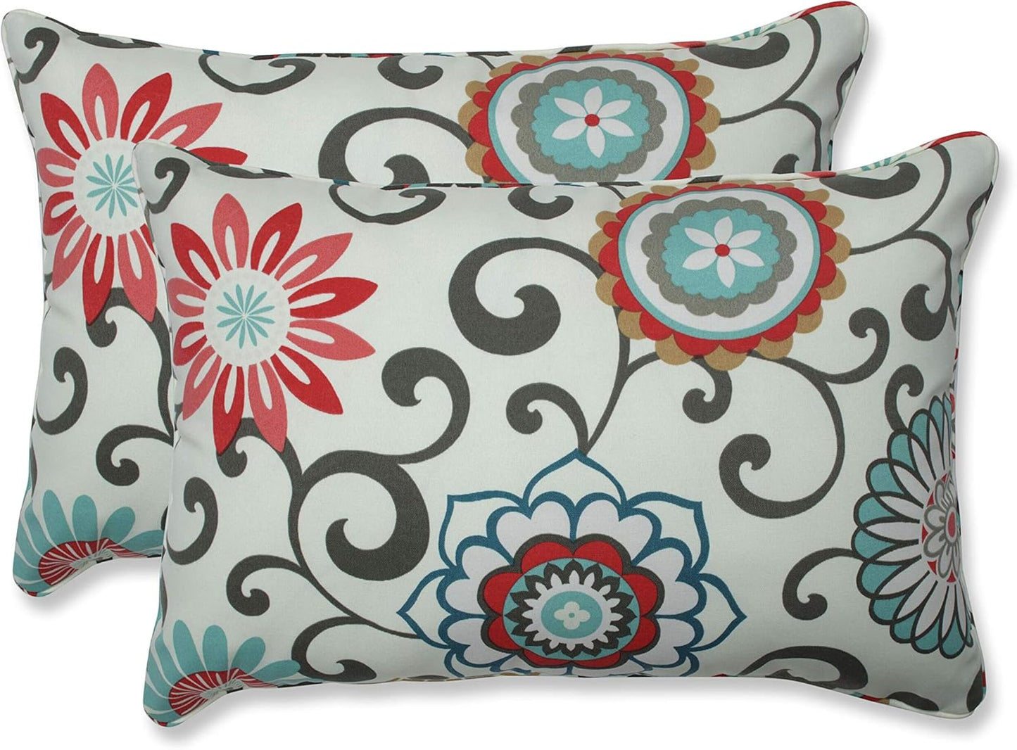Floral Indoor/Outdoor Accent Throw Pillow Plush Fill, Weather, and Fade Resistant, Lumbar - 11.5" X 18.5", Blue/Brown Pom Pom Play 2 Count