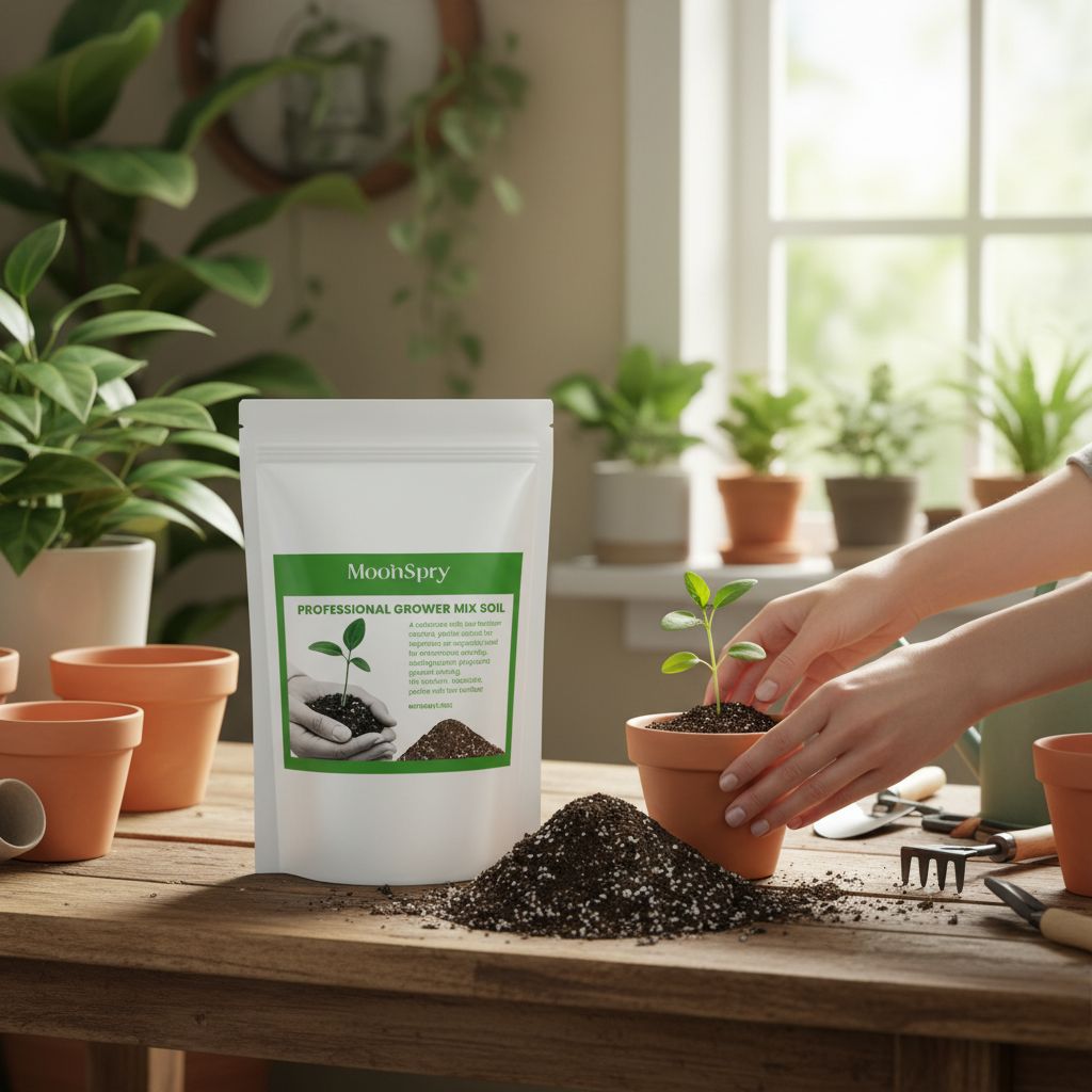 Person planting a seedling in a pot with MoonSpray potting mix on a table.