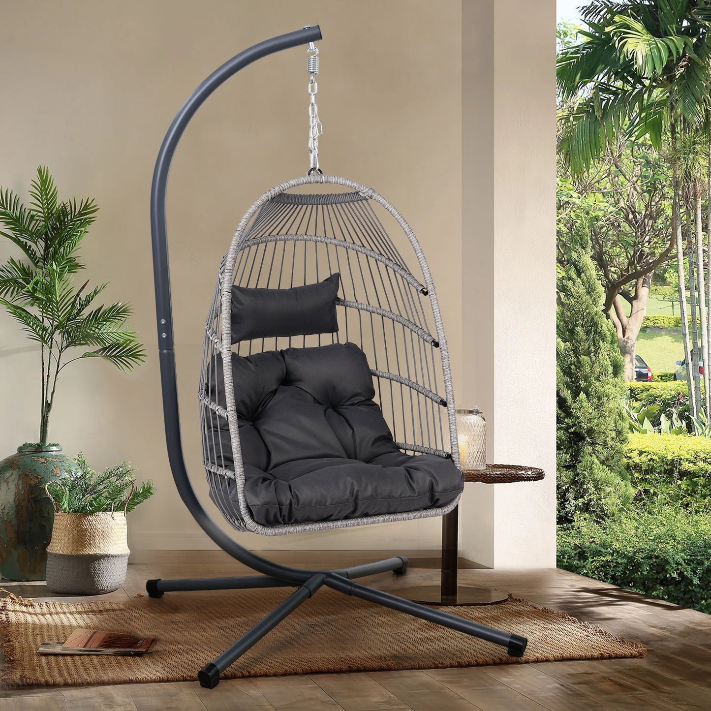 Gray Wicker Hanging Egg Chair – 350 lb Capacity, All-Weather, Foldable with Cushion