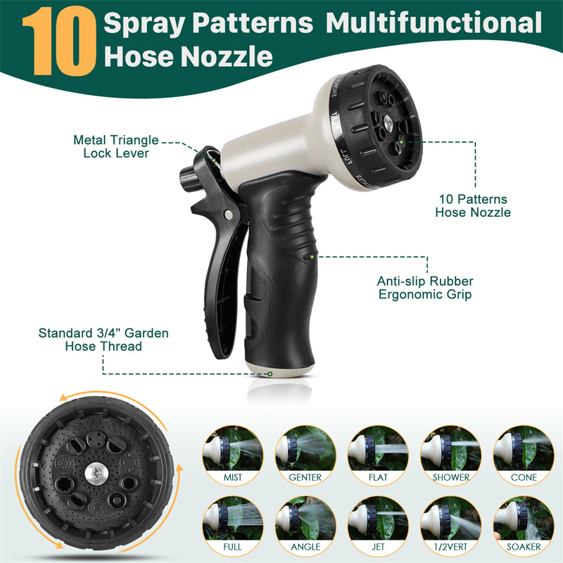 Stainless Steel Metal Garden Hose — Kink Free, 10-Pattern Spray Nozzle, 2 Nozzles | 50FT & 100FT
