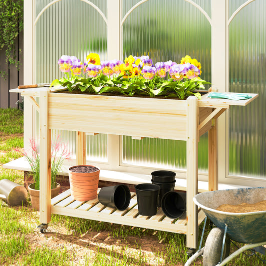 Elevated Raised Garden Bed with Wheels, Side Tables & Storage - Natural Wood