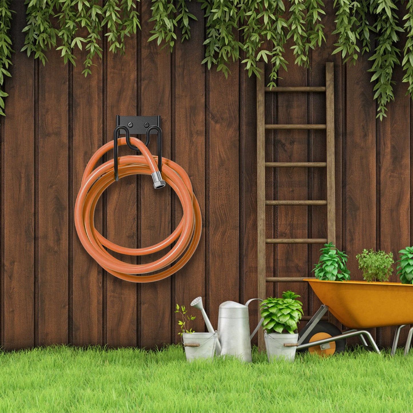 Stainless Steel Wall-Mounted Garden Hose Holder with Nozzle Slot | 2-Pack, Black