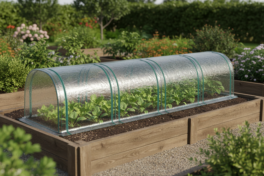 Wooden raised garden bed with a glass tunnel, surrounded by a garden with flowers and plants.
