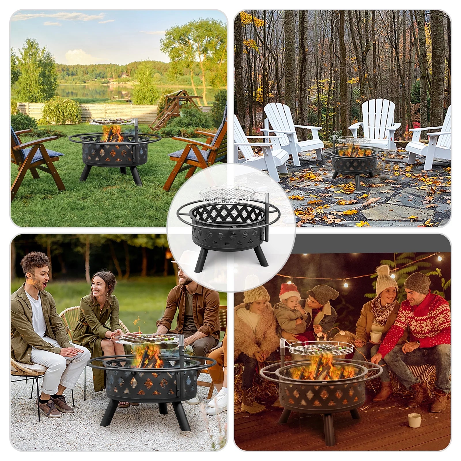 Fire Pit for outside 30 Inch Firepit Large Steel Firepit Bowl with Removable Cooking Swivel BBQ Grill for Backyard Patio