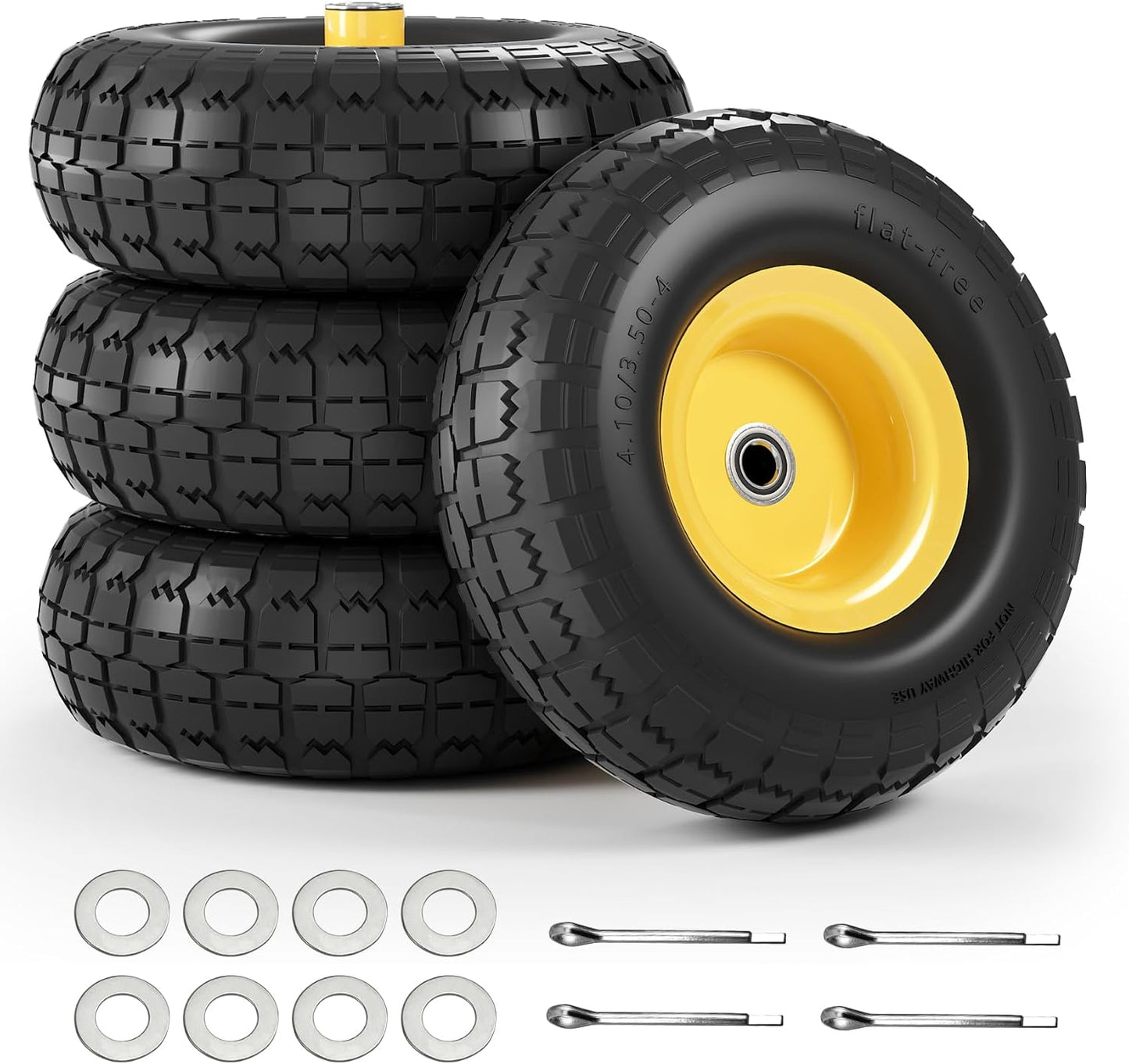 【UPGRADED】4.10 3.50-4 Tire and Wheel, 10 Inch Flat Free Tires 4 Pack with 5/8” Axle Bore Hole and Double Sealed Bearings, for Dolly Tires/Hand Truck/Dump Cart