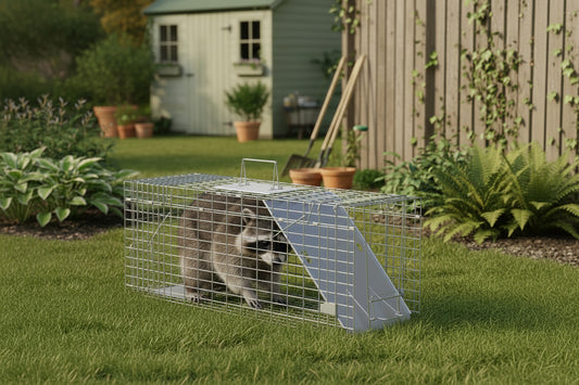Raccoon inside a metal trap on a white background