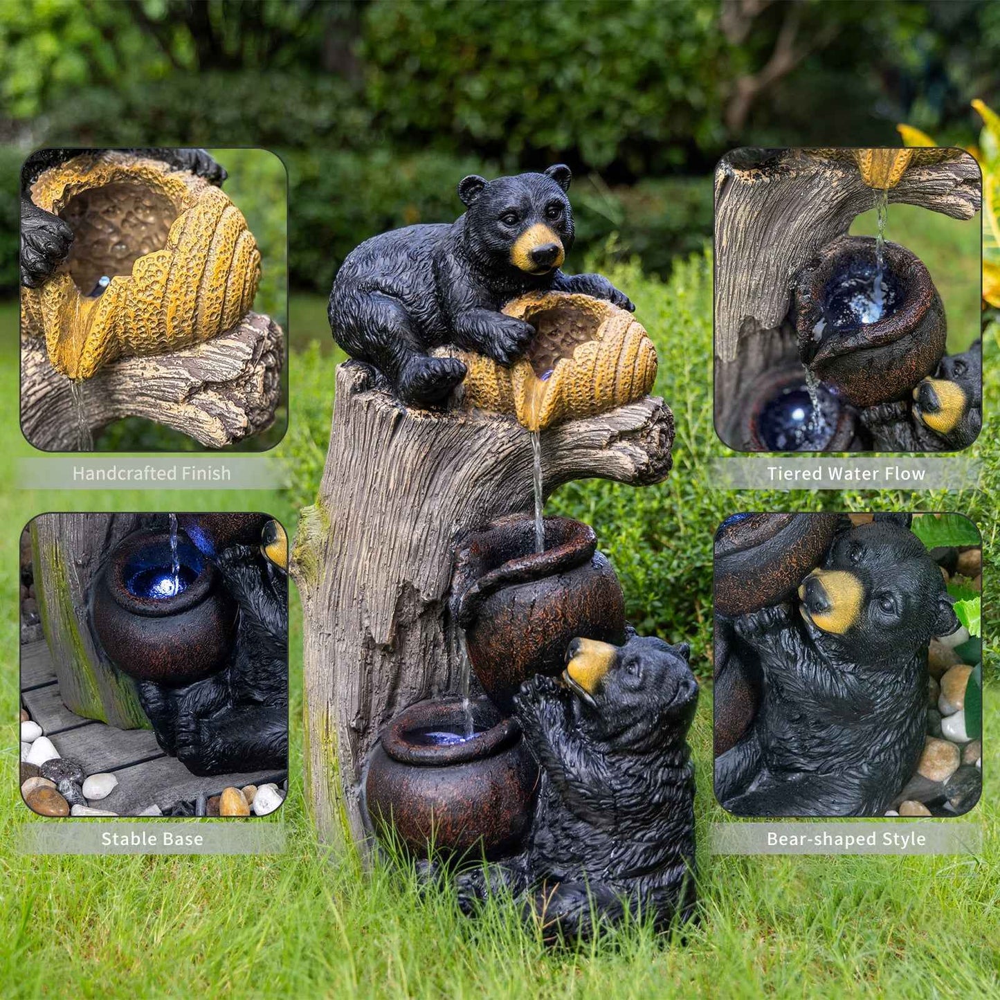Cascading Bear Water Fountain with LED Lights, 23.6" Resin Outdoor Fountain