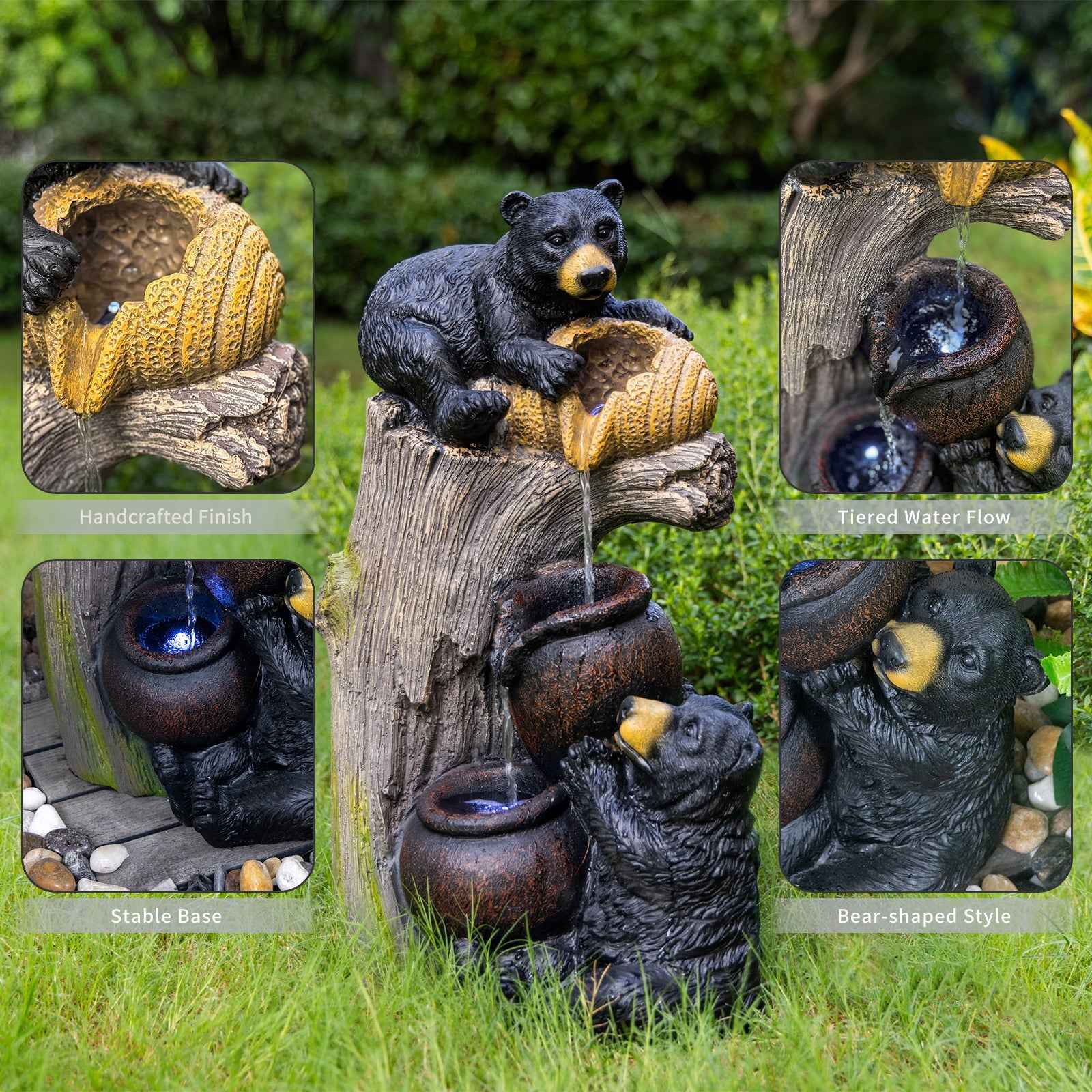 Cascading Bear Water Fountain with LED Lights, 23.6" Resin Outdoor Fountain