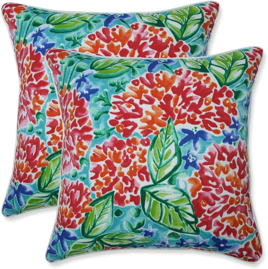 Floral Indoor/Outdoor Accent Throw Pillow Plush Fill, Weather, and Fade Resistant, Lumbar - 11.5" X 18.5", Blue/Brown Pom Pom Play 2 Count