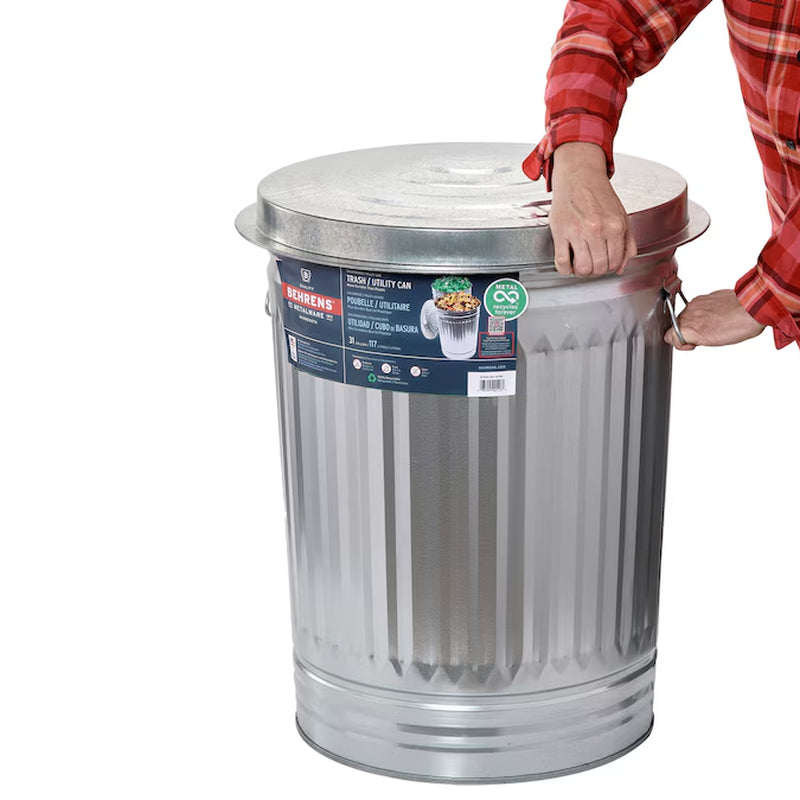 31 Gallon Silver/Galvanized Metal Indoor/Outdoor Kitchen Detached Lid Trash Can