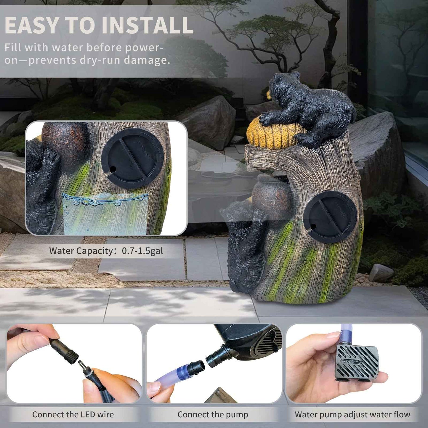 Cascading Bear Water Fountain with LED Lights, 23.6" Resin Outdoor Fountain