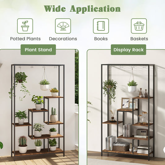 6-Tier Corner Plant Stand with Hooks Tall Metal Shelf for Indoor Plants