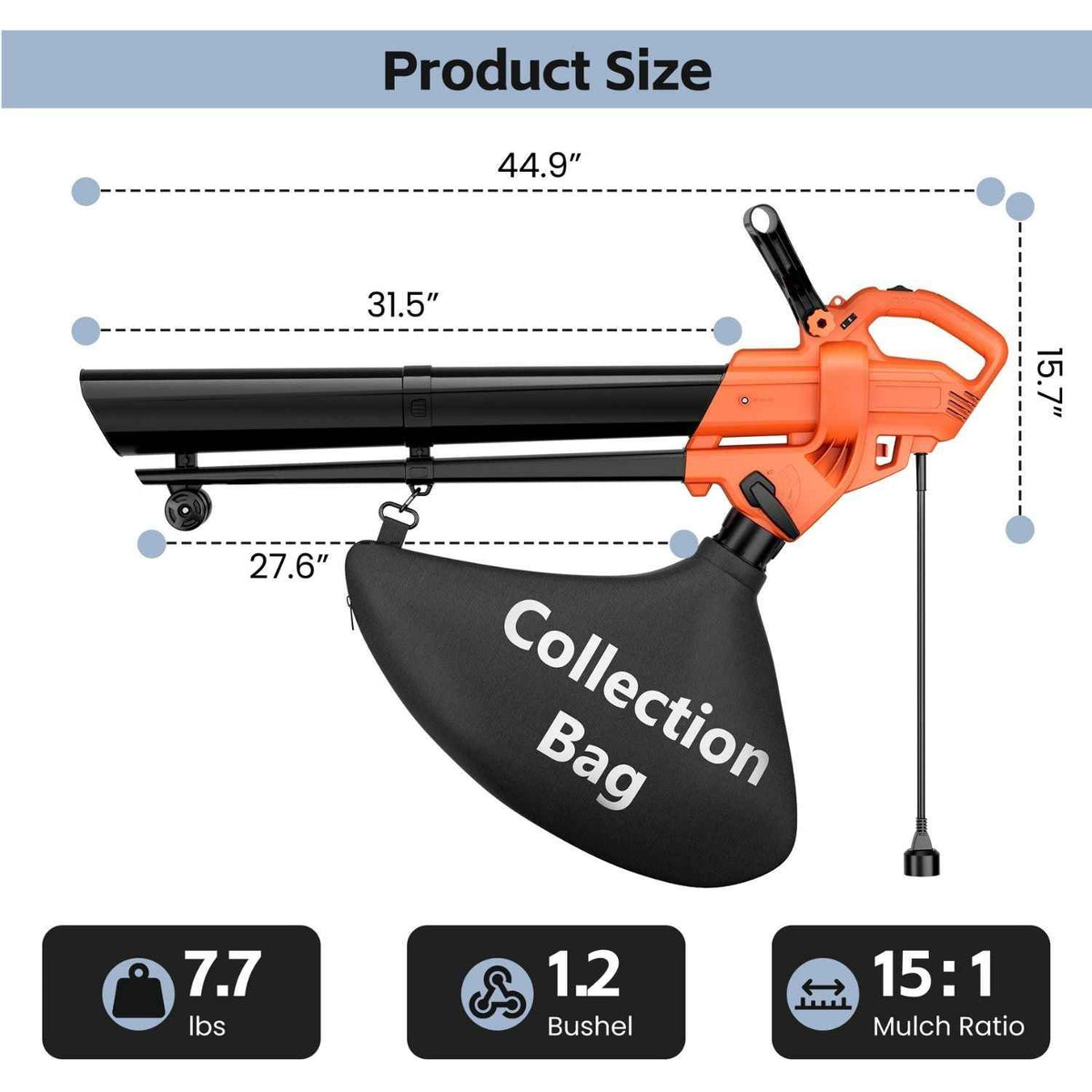 3-in-1 Electric Leaf Blower Vacuum Mulcher with Metal Impeller