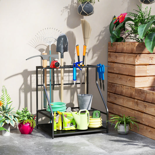 3-Tier Garden Tool Organizer Rack – Holds 20+ Tools with Hooks & Shelves