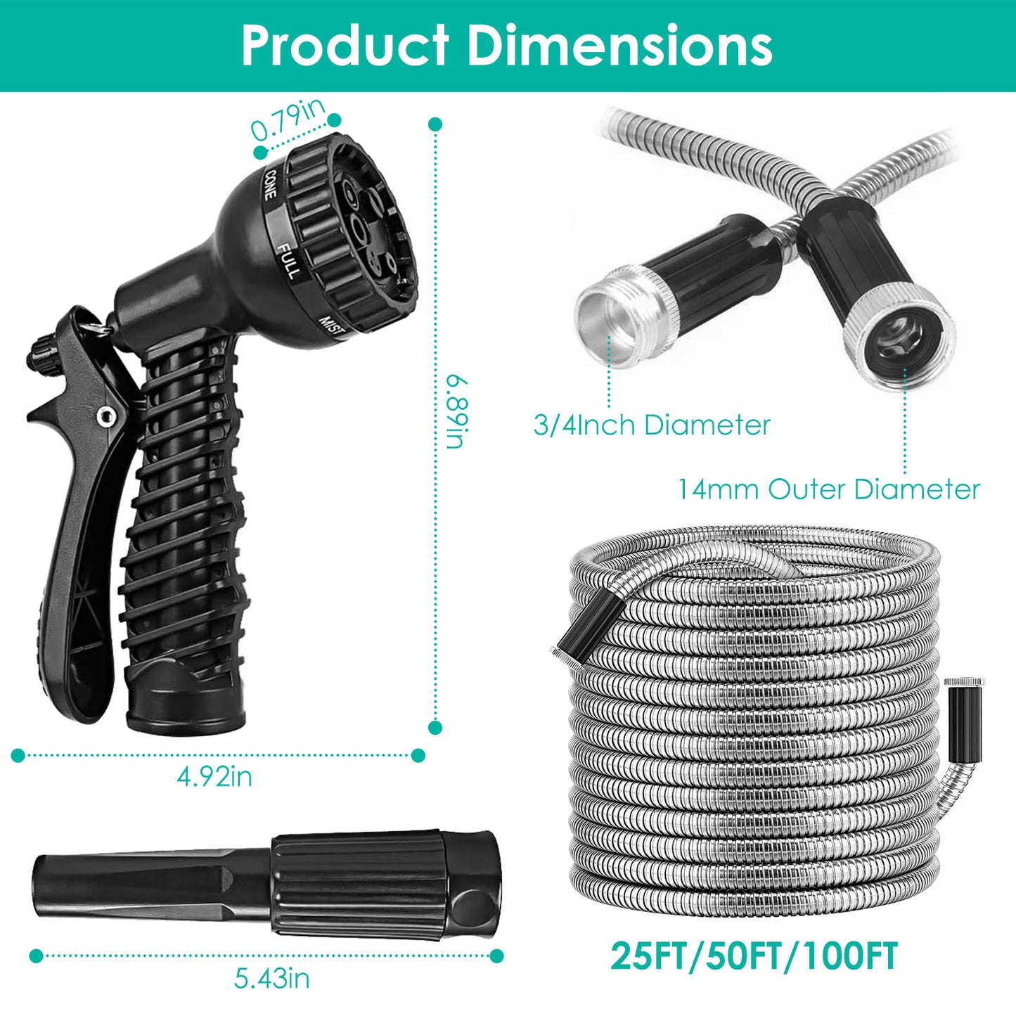 Heavy Duty Stainless Steel Garden Hose with Dual Spray Nozzles