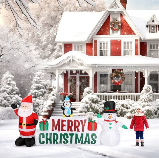 Inflatable Santa Snowman Merry Christmas Sign - 8ft LED Yard Decoration