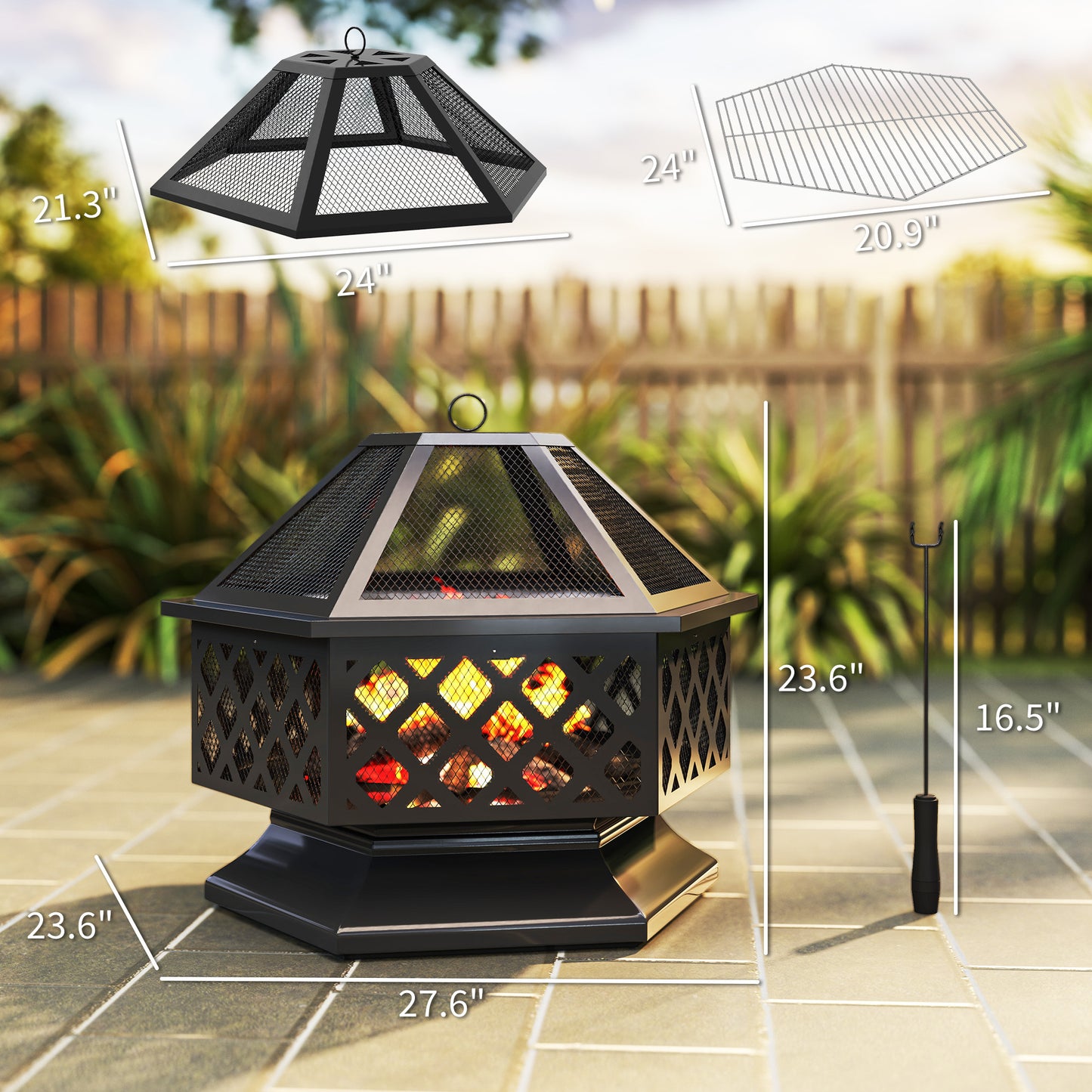 28" Hexagon Fire Pit with Grill – Wood Burning Outdoor Fireplace