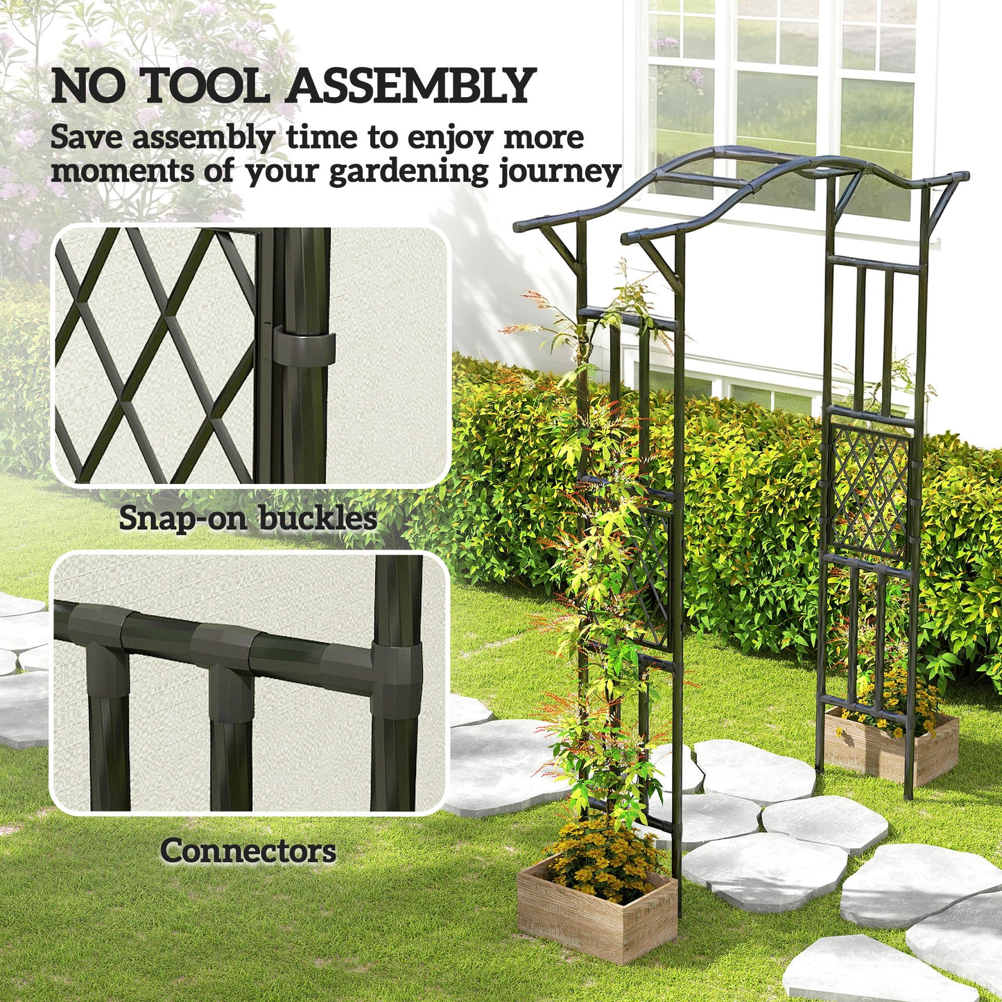 Steel Garden Arch Trellis with Extended Top and Snap-On Assembly, Black