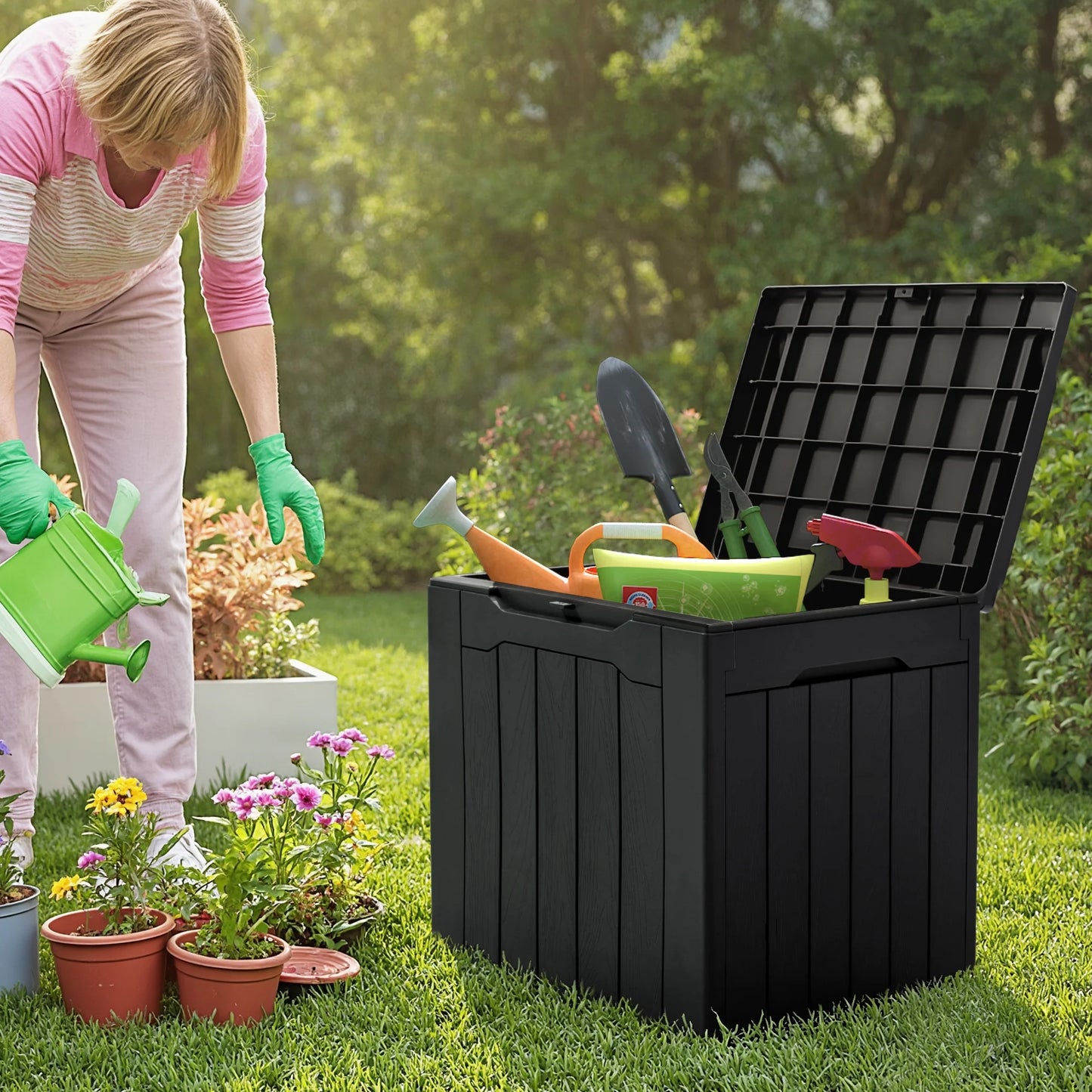 31 Gallon Outdoor Deck Box in Resin with Seat, Black