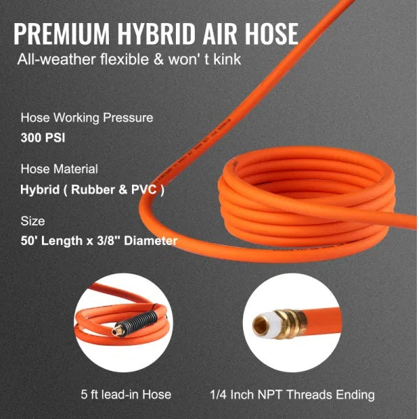 VEVOR 50ft Retractable Air Hose Reel with Auto Rewind - 300 PSI Hybrid Polymer