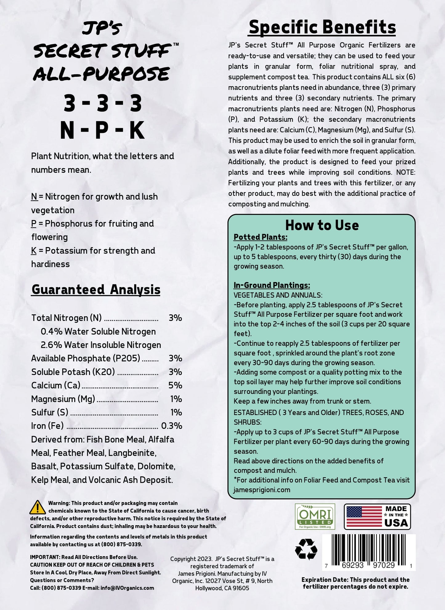 JP's Secret Stuff All-Purpose Organic Fertilizer (3-3-3) — OMRI Listed