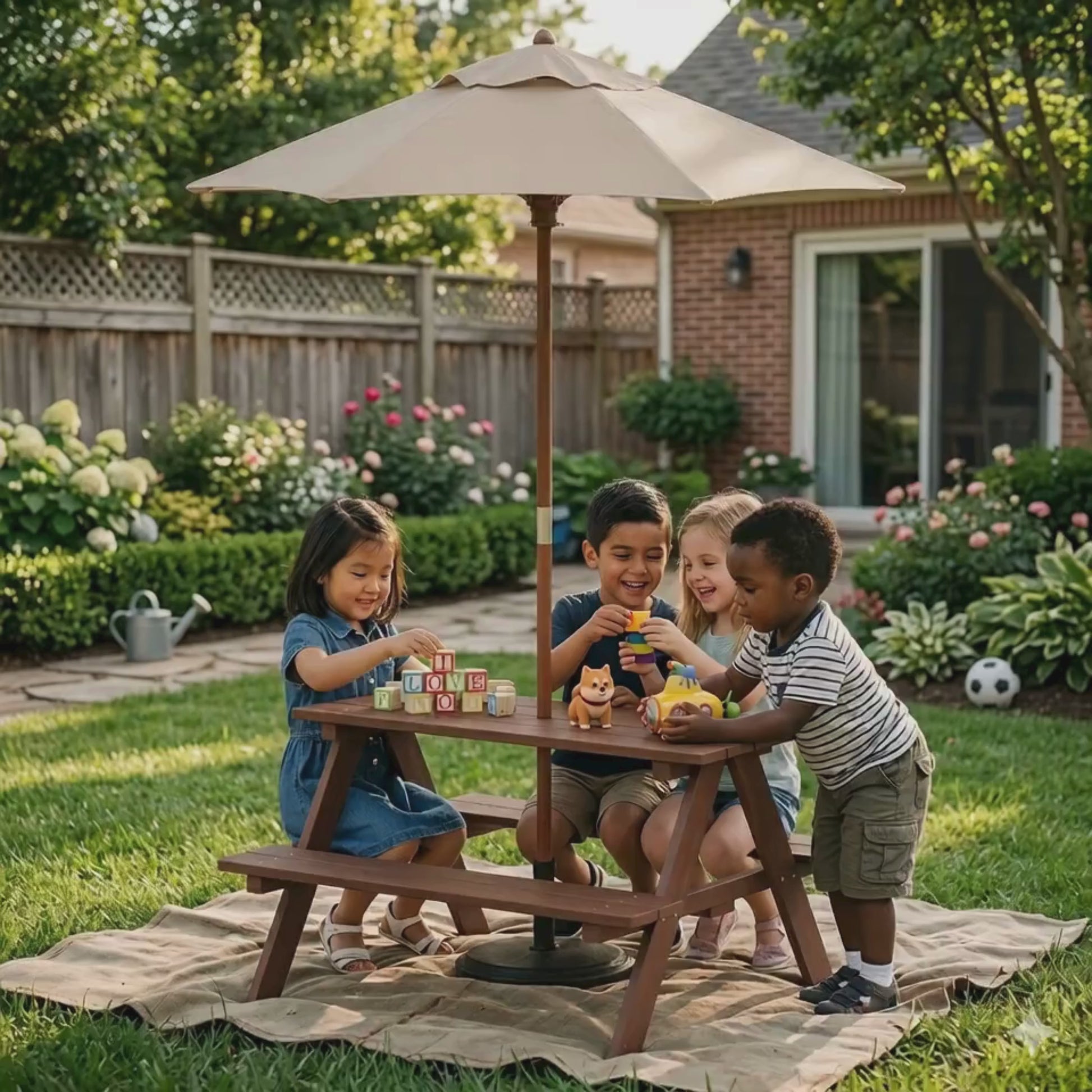 Children playing at a picnic table