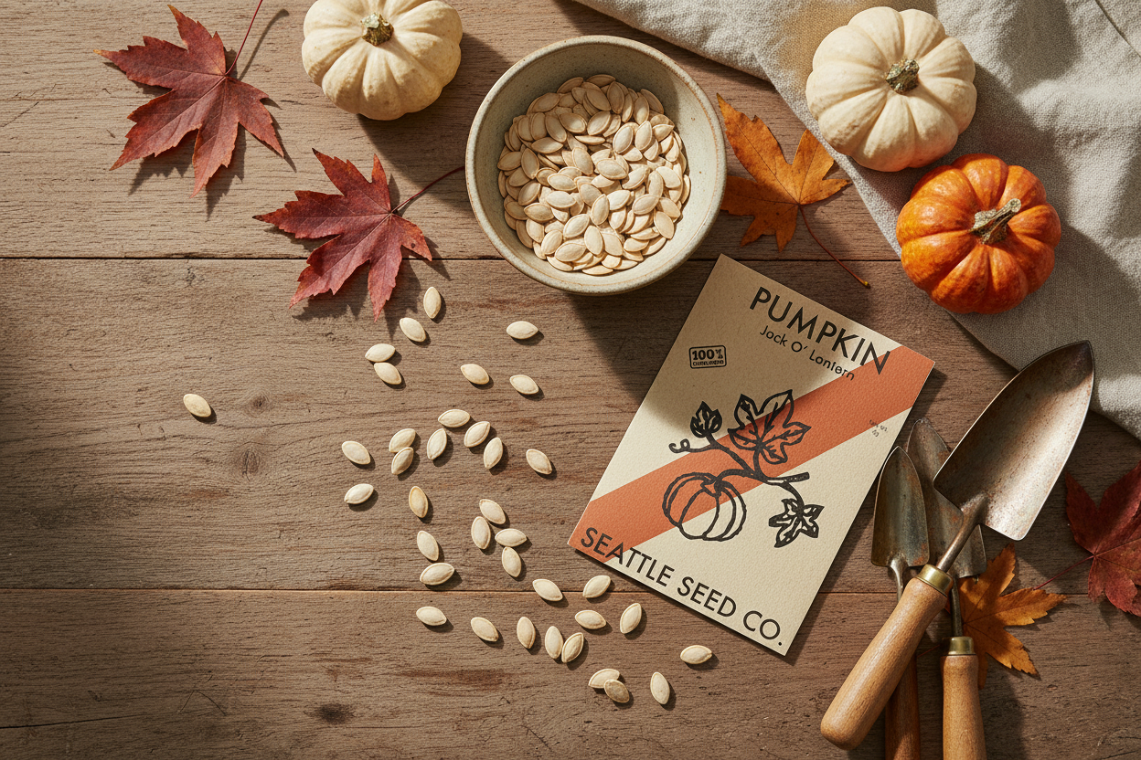 Pumpkin seed packet from Seattle Seed Co. with a brown and orange design.