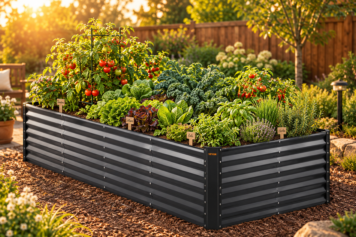 A raised garden bed made of dark gray corrugated metal panels, filled with a variety of green leafy vegetables, herbs, and red tomato plants, set in a sunny backyard garden.
