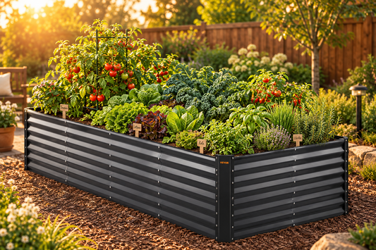 A raised garden bed made of dark gray corrugated metal panels, filled with a variety of green leafy vegetables, herbs, and red tomato plants, set in a sunny backyard garden.