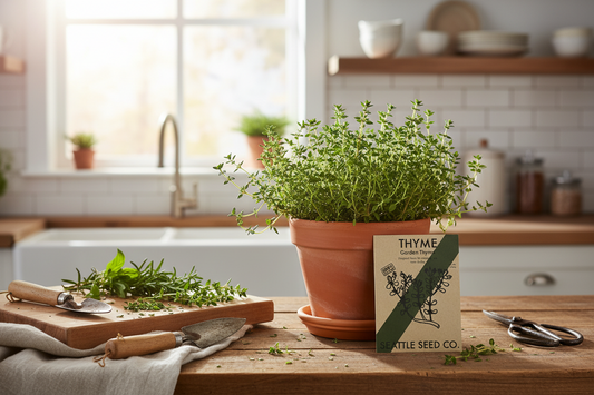 Seattle Seed Co. thyme seed packet with botanical illustration and brand name.